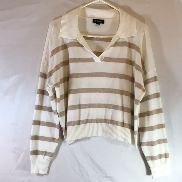 A. Byer XL Striped Collared Sweater Beige Cream Pullover Preppy Knit Long Sleeve - Picture 1 of 8